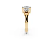 Emerald Cut Diamond Three-Stone Ring Set in Yellow gold with Round Accent Stones and Plain Band