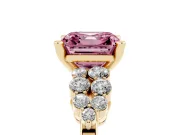 Fancy Pink Asscher Cut Diamond Cluster Engagement Ring Set in Yellow gold with Pavé Band and Prong Setting