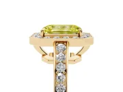 Fancy Yellow Emerald Cut Diamond Halo Pavé Engagement Ring Set in Yellow gold with Bezel Setting
