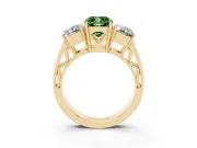 Fancy Green Cushion Cut Diamond Three-Stone Ring Set in Yellow gold with Textured Band