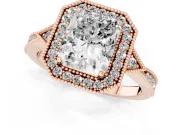Radiant Cut Diamond Halo Engagement Ring Set in Rose gold with Milgrain Pavé Band