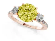 Fancy Yellow Round Cut Diamond Three-Stone Ring Set in Rose gold with Pavé Band and Graduated Sides