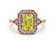 Fancy Yellow Emerald Cut Diamond Halo Engagement Ring Set in Rose gold with Milgrain Pavé Band