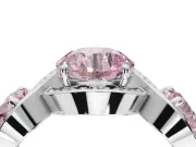 Round Three Stone Halo Engagement Ring Setting for a Fancy Pink Lab-Grown Diamond | Pavé Wave Band | Sterling Silver