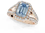 Emerald Cut Halo Pavé Engagement Ring Setting for a Fancy Blue Lab-Grown Diamond | Narrow Split Shank | Rose Gold