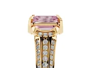 Fancy Pink Emerald Cut Diamond Pavé Split Shank Solitaire Ring Set in Yellow gold with Prong Setting