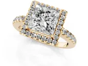 Princess Cut Diamond Pavé Band Halo Engagement Ring Set in Yellow gold with Prong Setting