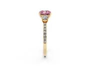 Cushion Cut Three Stone Engagement Ring Setting for a Fancy Pink Lab-Grown Diamond | Pave Shoulders | Yellow Gold