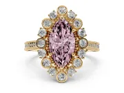 Fancy Pink Marquise Cut Diamond Halo Milgrain Pavé Ring Set in Yellow gold with Prong Setting