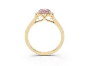 Fancy Pink Oval Cut Halo Round Diamond Solitaire Ring Set in Yellow gold with Pavé Band and Prong Setting