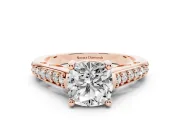 Cushion Cut Diamond Prong Set Solitaire Engagement Ring Set in Rose gold with Pavé Band