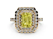 Emerald Cut Double Halo Engagement Ring Setting for a Fancy Yellow Lab-Grown Diamond | Pave Shoulders | Yellow Gold