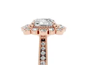 Cushion Cut Diamond Halo Milgrain Pavé Ring Set in Rose gold with Prong Setting