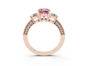 Fancy Pink Cushion Cut Diamond Three-Stone Ring Set in Rose gold with Round Side Stones and Pavé Band