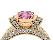 Fancy Pink Cushion Cut Diamond Milgrain Halo Pavé Engagement Ring Set in Yellow gold with Prong Setting