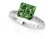 Fancy Green Princess Cut Diamond Solitaire Ring Set in Platinum with Slim Pavé Band and Prong Setting