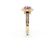 Fancy Pink Round Cut Diamond Halo Solitaire Ring Set in Yellow gold with Pavé Band and Bezel Setting