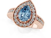 Fancy Blue Pear Cut Diamond Halo Ring Set in Rose gold with Round Accent Halo, Pavé Band and Prong Setting