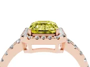 Fancy Yellow Emerald Cut Diamond Halo Ring Set in Rose gold with Delicate Pavé Band and Prong Setting