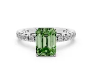 Fancy Green Emerald Cut Diamond Pavé Solitaire Ring Set in White gold with Round Band and Prong Setting