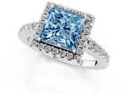 Fancy Blue Princess Cut Diamond Halo Pavé Solitaire Ring Set in White gold with Prong-Set Center Stone