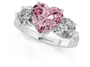 Fancy Pink Heart Cut Diamond Three-Stone Ring Set in Silver with Milgrain Band