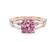 Fancy Pink Cushion Cut Diamond Solitaire Ring Set in Rose gold with Bezel Set Side Stones and Prong Setting
