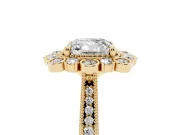 Cushion Cut Diamond Halo Milgrain Pavé Ring Set in Yellow gold with Prong Setting