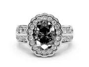 Fancy Black Oval Cut Diamond Scalloped Halo Ring Set in Platinum with Pavé Split Shank