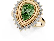 Fancy Green Pear Cut Diamond Halo Ring Set in Yellow gold with Milgrain Edge and Round Prong Setting