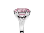 Fancy Pink Emerald Cut Diamond Solitaire Ring Set in Platinum with Polished Tapered Band and Prong Setting