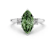 Fancy Green Three-Stone Marquise Cut Diamond Ring Set in Platinum with Prong Setting and Plain Band