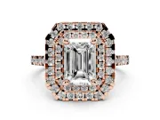 Emerald Cut Diamond Double Halo Statement Ring Set in Rose gold with Pavé Band