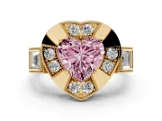 Fancy Pink Heart Cut Diamond Milgrain Halo Ring Set in Yellow gold with Split Shank