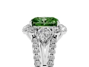 Fancy Green Radiant Cut Diamond Halo Split Shank Engagement Ring Set in Silver with Prong-Held Center Stone