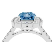 Fancy Blue Radiant Cut Diamond Milgrain Floral Halo Engagement Ring Set in Platinum with Pavé Band