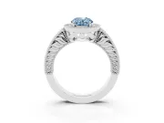Fancy Blue Oval Cut Diamond Halo Ring Set in Platinum with Round Accent Halo, Pavé Band and Prong Setting