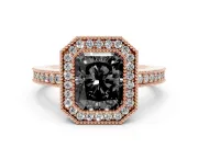 Fancy Black Radiant Cut Diamond Halo Engagement Ring Set in Rose gold with Pavé Band and Round Halo Stones
