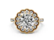 Round Vintage Milgrain Floral Halo Engagement Ring Setting | Pavé Band | Yellow Gold