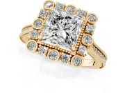 Princess Cut Diamond Halo Milgrain Pavé Ring Set in Yellow gold with Prong Setting