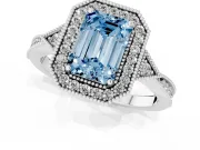 Fancy Blue Emerald Cut Diamond Halo Engagement Ring Set in Silver with Milgrain Pavé Band