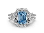 Fancy Blue Emerald Cut Diamond Halo Split Shank Engagement Ring Set in Platinum with Prong-Held Center Stone