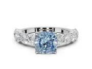 Cushion Cut Side Stone Engagement Ring Setting for a Fancy Blue Lab-Grown Diamond | Scalloped Prong Accents | Platinum