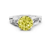Fancy Yellow Round Cut Diamond Vine Band Solitaire Ring Set in Silver with Milgrain Prong Setting