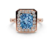 Radiant Cut Halo Engagement Ring Setting for a Fancy Blue Lab-Grown Diamond | Bezel Station Shoulders | Rose Gold