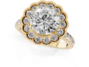 Round Vintage Milgrain Floral Halo Engagement Ring Setting | Pavé Band | Yellow Gold