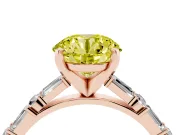 Fancy Yellow Round Cut Diamond Solitaire Set in Rose gold with Side Baguettes and Channel Set Band