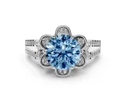 Round Petal Frame Floral Halo Engagement Ring Setting for a Fancy Blue Lab-Grown Diamond | Pavé Split Shank | White Gold