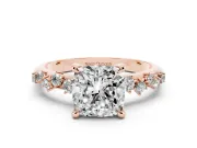Cushion Cut Diamond Solitaire Vine Band Ring Set in Rose gold with Round Accents and Prong Setting