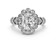 Oval Vintage Scalloped Milgrain Halo Engagement Ring Setting | Heart Pavé Band | White Gold